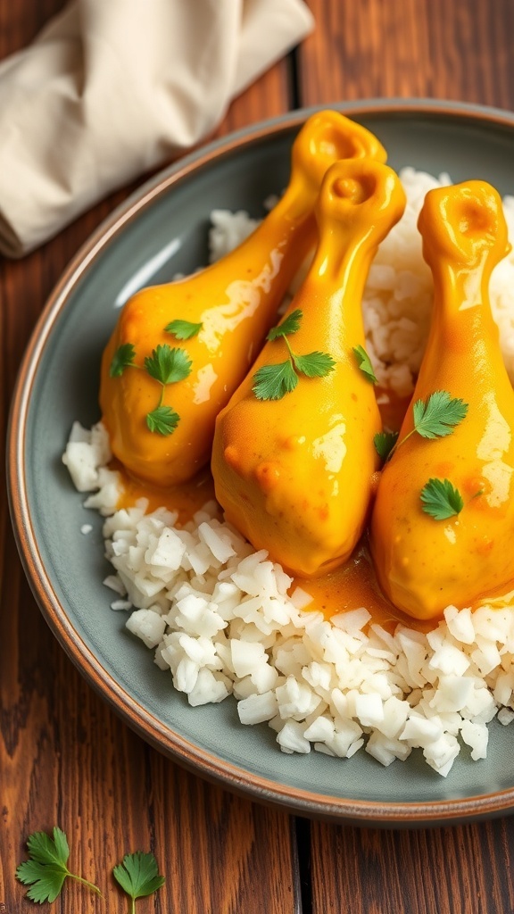 Yellow curry chicken drumsticks garnished with cilantro, served with rice on a rustic wooden table.